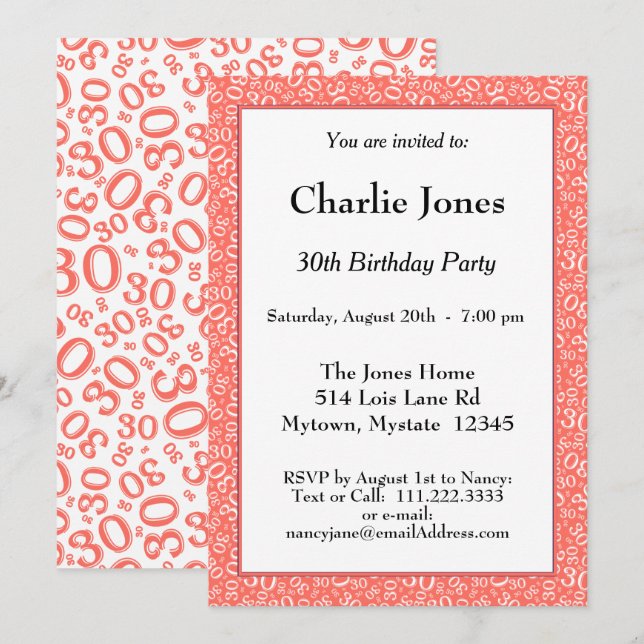 Invitation 30e anniversaire Random Numéro Motif Coral/Blanc (Devant / Derrière)