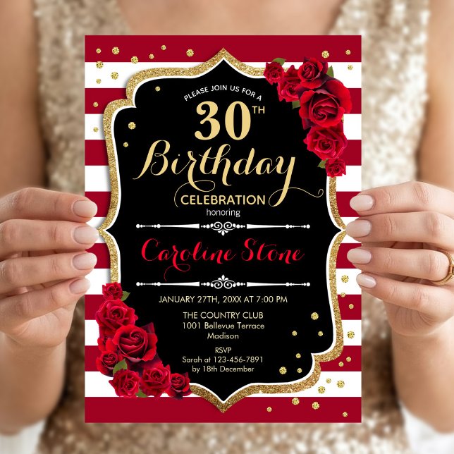 Invitation 30e anniversaire - Rayures rouges or noir blanc Ro (Créateur téléchargé)