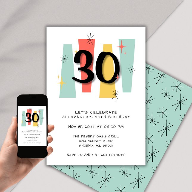 Invitation 30e anniversaire Retro Midsiècle moderne coloré (Créateur téléchargé)