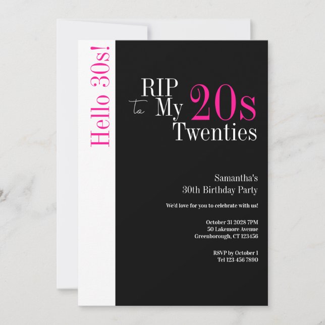 Invitation 30e anniversaire RIP 20s Hello 30s Party Black Pin (Devant)