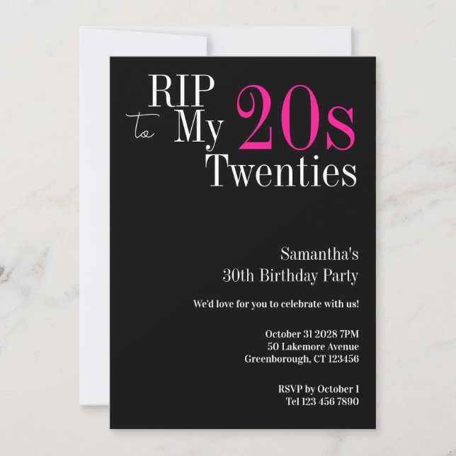 Invitation 30e anniversaire RIP 20s Party Noir et rose (Devant)