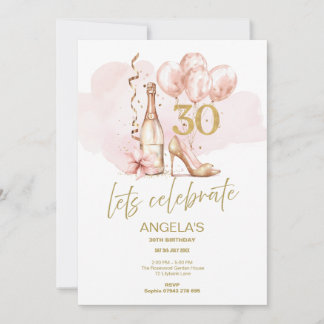 Invitation 30e anniversaire Rose et or, Champagne & talons