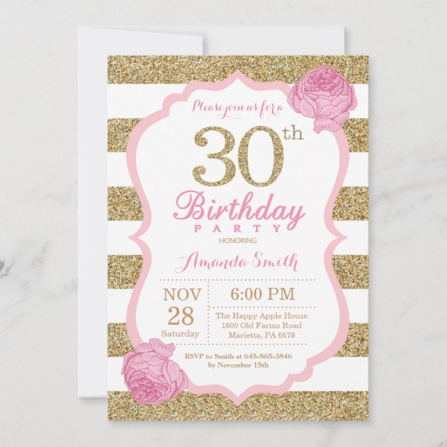 Invitation 30e anniversaire rose et or Floral (Devant)