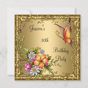 Invitation 30e Anniversaire Rose Floral Papillon Bronze Or