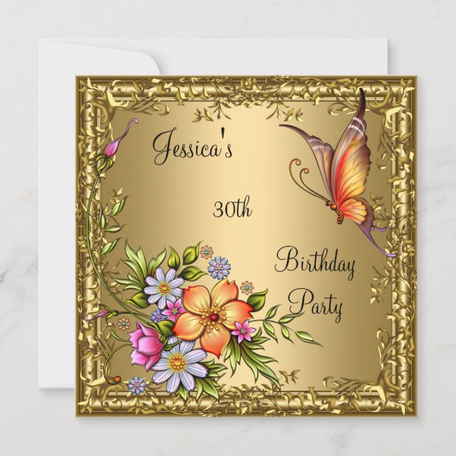 Invitation 30e Anniversaire Rose Floral Papillon Bronze Or (Devant)