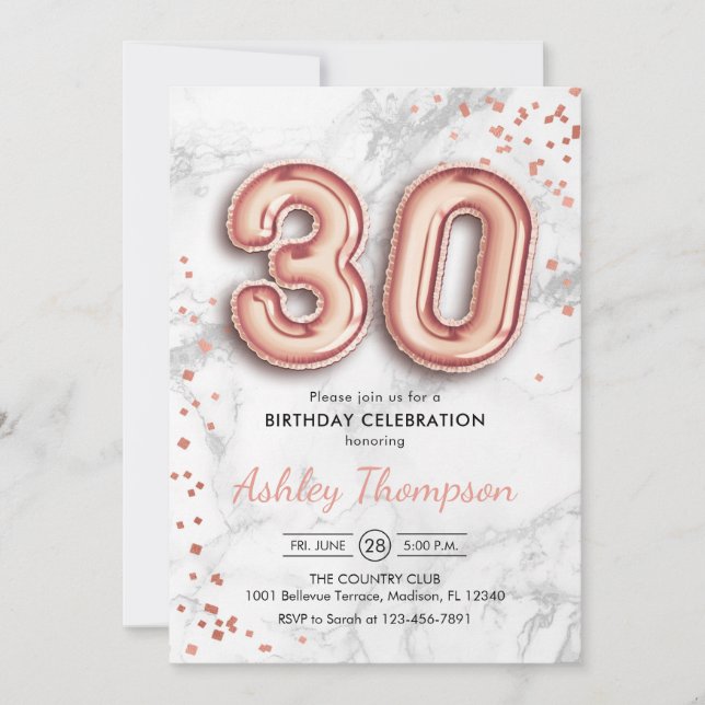 Invitation 30e anniversaire - Rose Gold Balloons effet marbre (Devant)