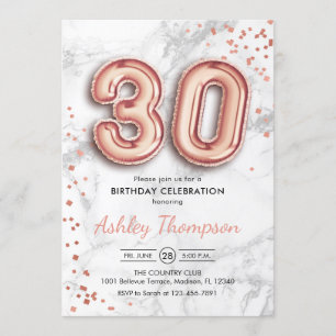 Invitation 30e anniversaire - Rose Gold Balloons effet marbre