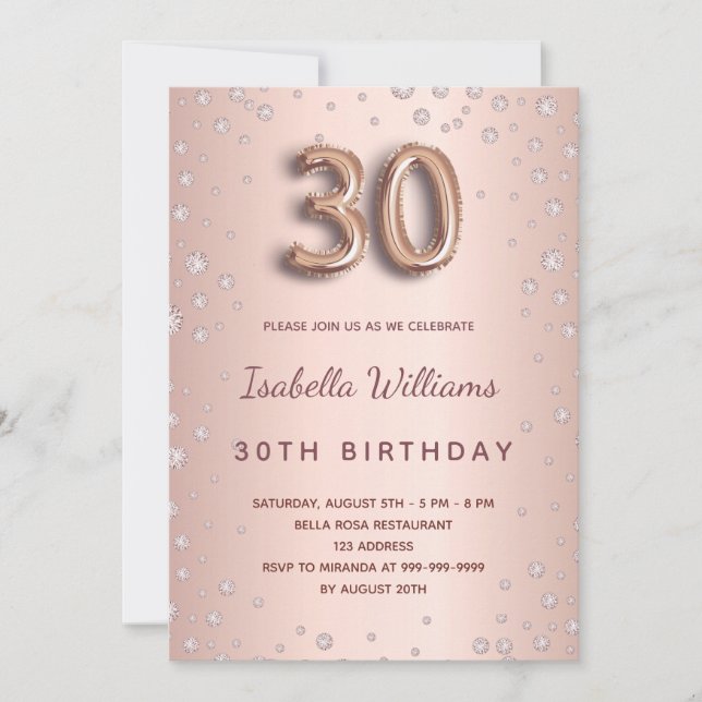 Invitation 30e anniversaire rose or diamants script glamour (Devant)