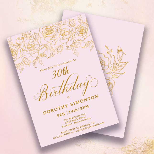 Invitation 30e anniversaire Rose or Floral Blush rose (Créateur téléchargé)