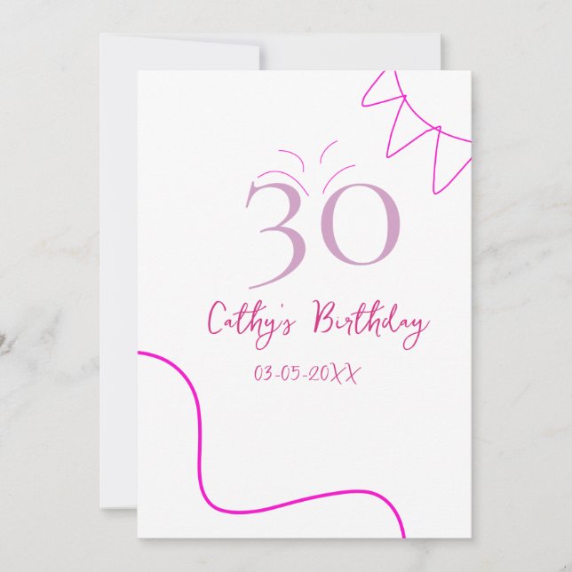 INVITATION 30E ANNIVERSAIRE ROSE VIOLET PASTEL RÉTRO DESSINÉ  (Devant)