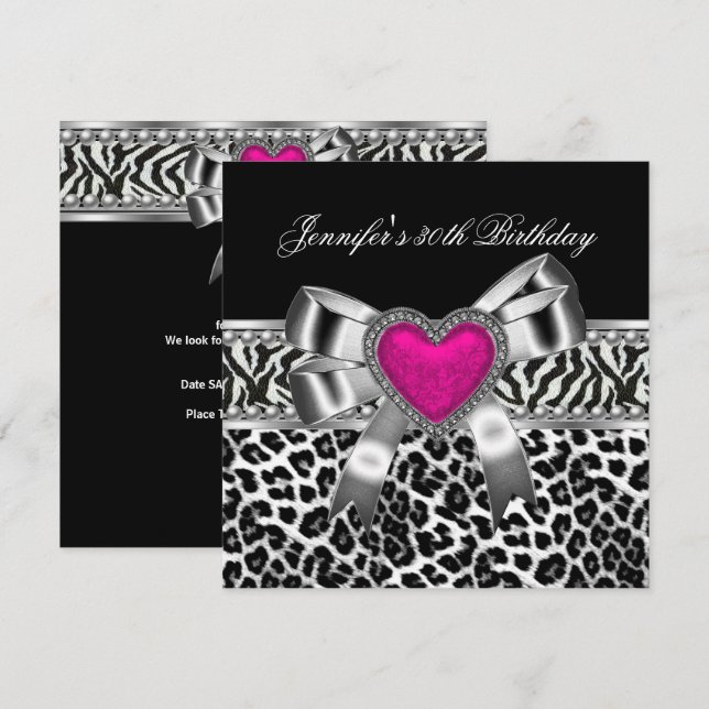 Invitation 30e anniversaire rose Zebra Black Leopard (Devant / Derrière)