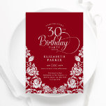 Invitation 30e anniversaire Roses d'argent rouge<br><div class="desc">Elégante invitation à la fête du 30e anniversaire en argent rouge. Design classique avec rose, faux feuille argent et police de script de typographie. Carte invitation tendance parfaite pour une célébration anniversaire élégante. Personnalisez avec vos propres détails. Peut être customisé à n'importe quel âge. Invitations Zazzle imprimées ou téléchargement instantané...</div>