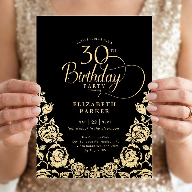 Invitation 30e Anniversaire Roses Noir Or (Créateur téléchargé)