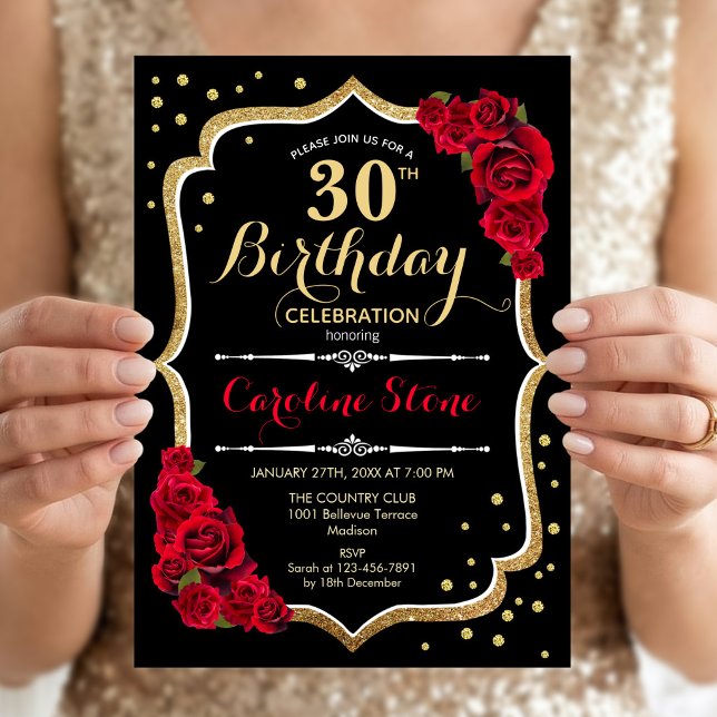 Invitation 30e anniversaire - Roses noires et or pailleté (Créateur téléchargé)