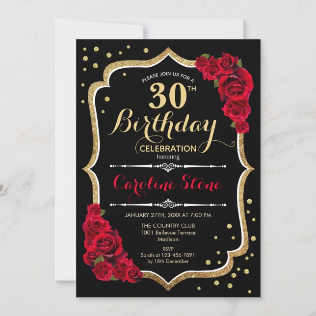 Invitation 30e anniversaire - Roses rouges noires d'or (Devant)