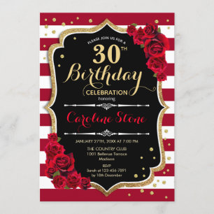 Invitation 30e anniversaire - Rouge or noir blanc rayures Ros