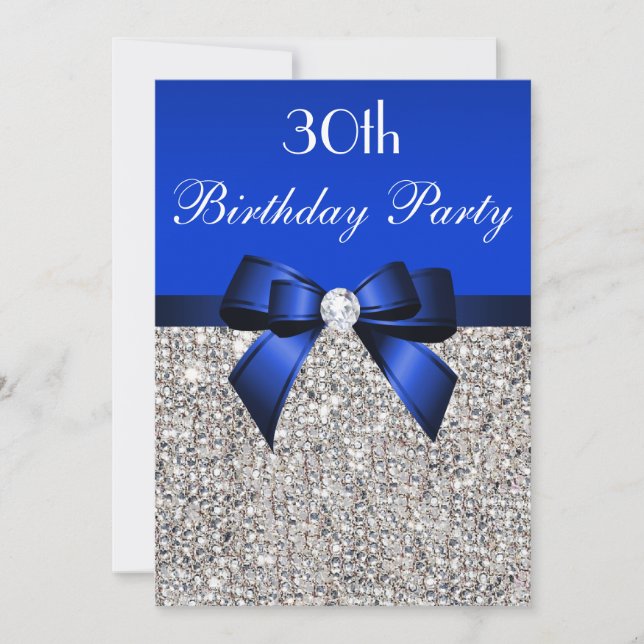 Invitation 30e anniversaire Royal Blue Bow Sequins en argent (Devant)