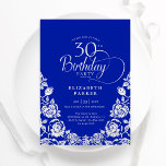 Invitation 30e anniversaire Royal Blue Silver Roses<br><div class="desc">Royal bleu argent élégant 30e anniversaire invitation de fête. Design classique avec rose, faux feuille argent et police de script de typographie. Carte invitation tendance parfaite pour une célébration anniversaire élégante. Personnalisez avec vos propres détails. Peut être customisé à n'importe quel âge. Invitations Zazzle imprimées ou téléchargement instantané modèle imprimable...</div>