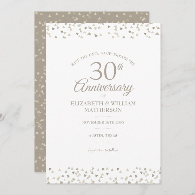 Invitation 30e anniversaire Save the Date Hearts Confetti  (Devant / Derrière)