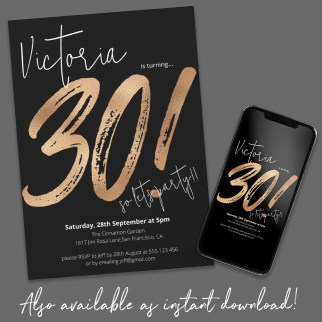 Invitation 30e Anniversaire Script Or Noir Moderne (Sassy 30th Birthday Gold Black Modern Minimalist Invitation)