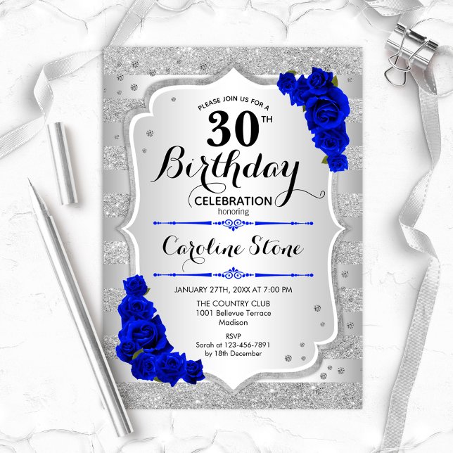 Invitation 30e anniversaire - Silver Stripes Royal Blue Roses (Créateur téléchargé)