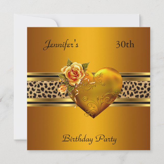 Invitation 30e Anniversaire Soirée Gold Coeur Bijou Leopard (Devant)