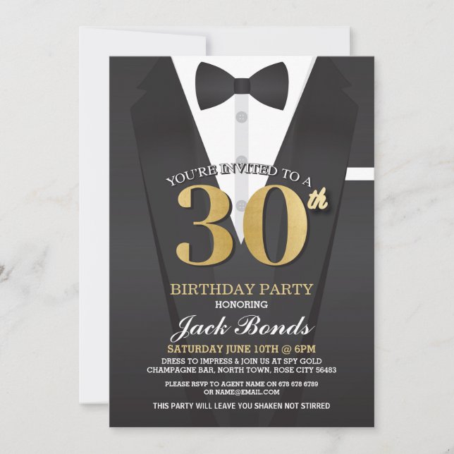 Invitation 30e Anniversaire Spy Suit Black cravate Gold Invit (Devant)