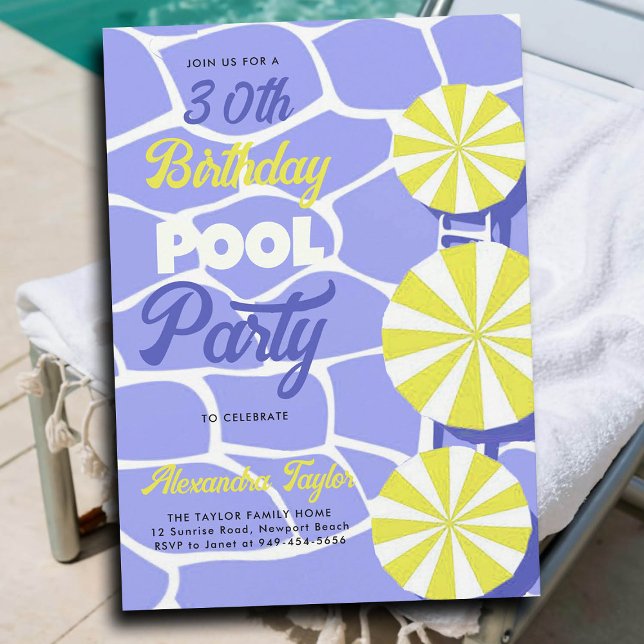 Invitation 30e anniversaire Summer Pool Party Purple Lime (30th birthday party ideas for women pool umbrellas purple yellow personalized invitation summer fun)