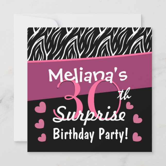 Invitation 30e anniversaire surprise Black White Pink Zebra B (Devant)