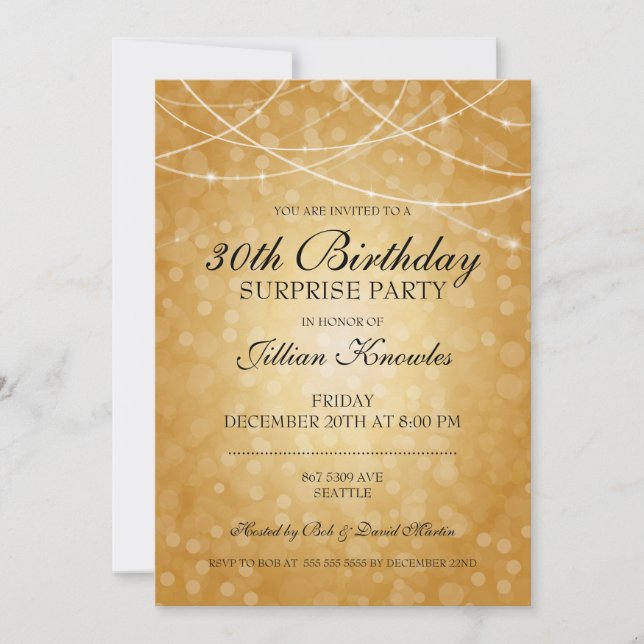 Invitation 30e anniversaire Surprise Party en laiton lumières (Devant)