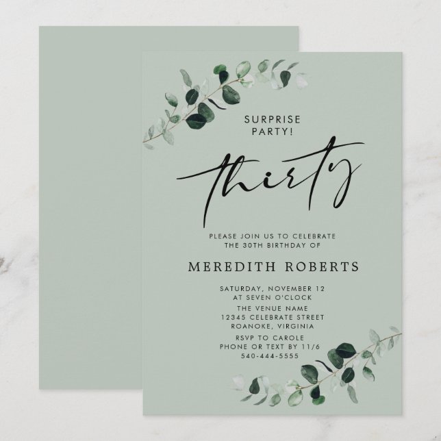 Invitation 30e anniversaire Surprise Party Eucalyptus Sage (Devant / Derrière)