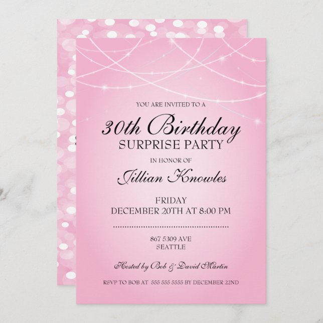 Invitation 30e anniversaire Surprise Party Pink String lumièr (Devant / Derrière)