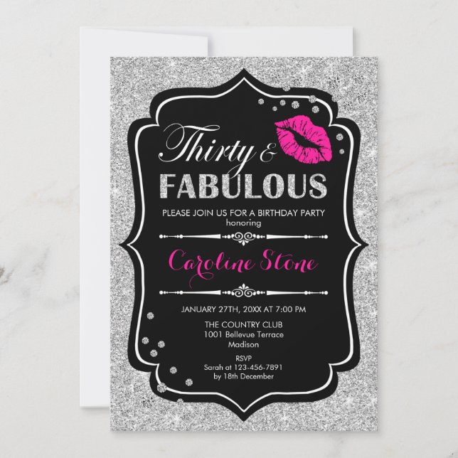 Invitation 30e anniversaire - Trente fabuleux argent rose noi (Devant)