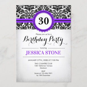 Invitation 30e anniversaire - Violet noir blanc Damas