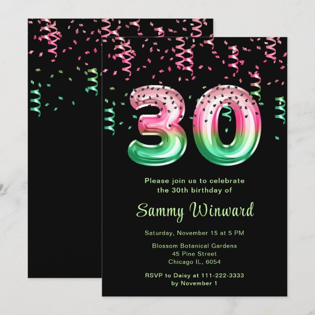 Invitation 30e anniversaire Watermelon Balloons avec Confetti (Devant / Derrière)