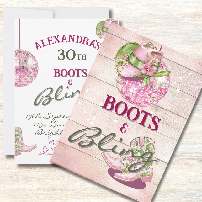 Invitation 30e Bottes de disco Cowgirl Bling Rose Vert   (Créateur téléchargé)