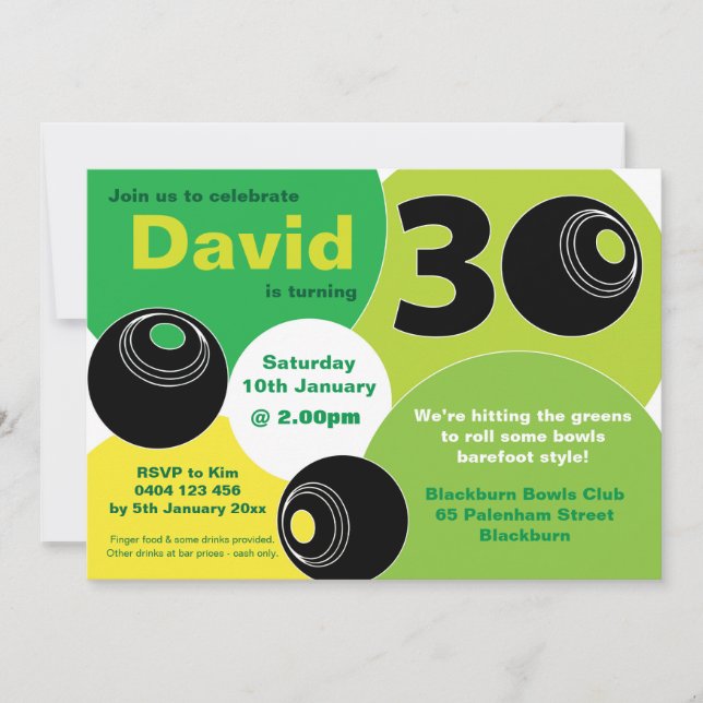Invitation 30e Bowls de pelouse Barefoot Bowling Anniversaire (Devant)