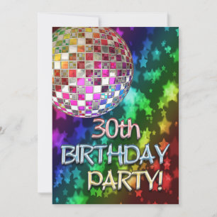 Invitation 30e fête avec disco ball et arc-en-ciel d'étoiles