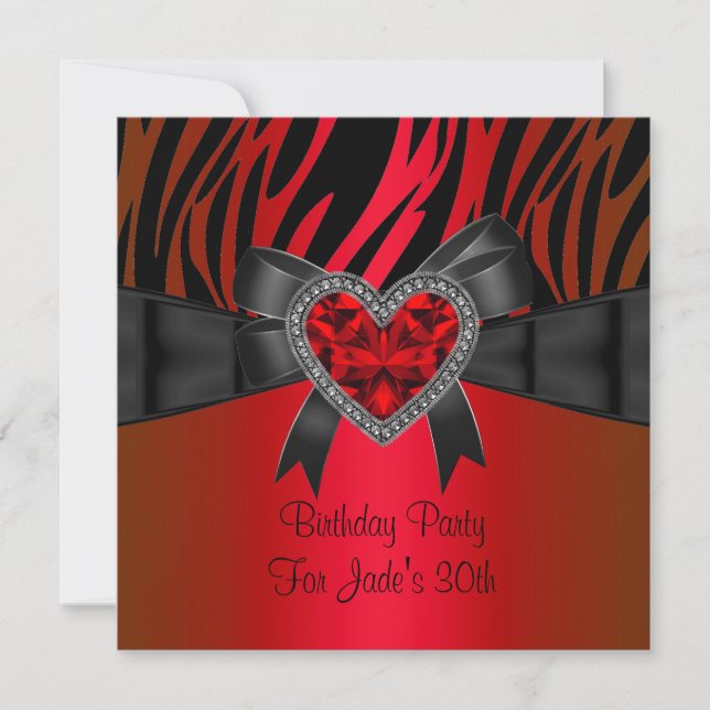 Invitation 30e fête d'anniversaire Bijou de coeur rouge Zebra (Devant)