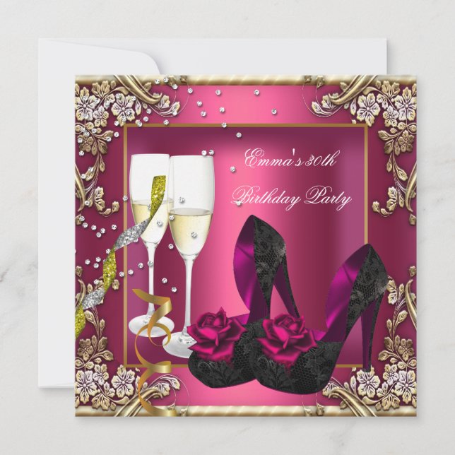 Invitation 30e fête d'anniversaire Dark Pink Gold Black Flora (Devant)
