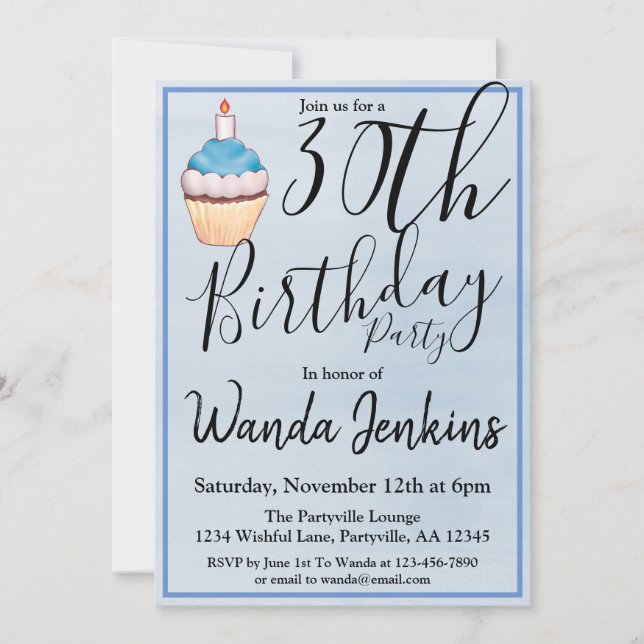 Invitation 30e fête d'anniversaire de Blue Cupcake (Devant)