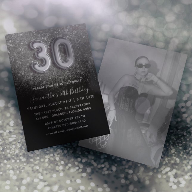 Invitation 30e fête d'anniversaire paillettes Silver & Black (Créateur téléchargé)