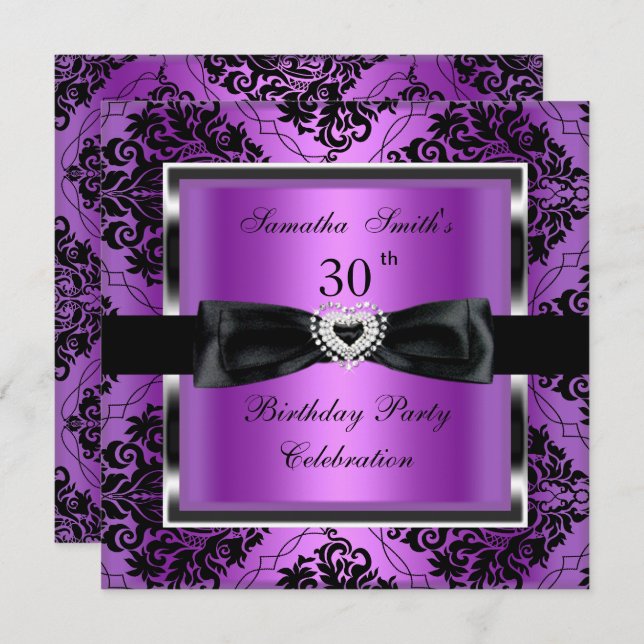 Invitation 30e fête d'anniversaire Purple Damask Argent Noir (Devant / Derrière)