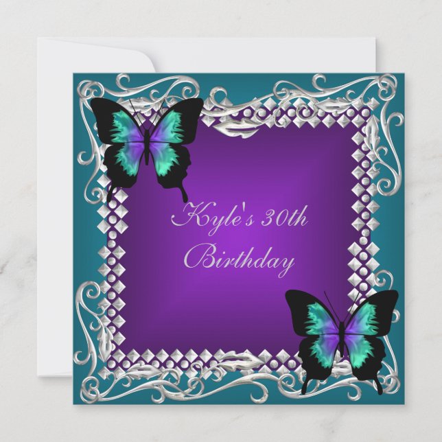 Invitation 30e fête d'anniversaire Purple Papillons Turquoise (Devant)