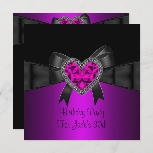 Invitation 30e fête d'anniversaire Purple rose Coeur Bijou no (Devant / Derrière)
