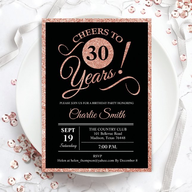 Invitation 30e fête d'anniversaire - Rose Gold Black ANY AGE (Créateur téléchargé)
