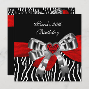 Invitation 30e fête d'anniversaire Silver Red Black White Zeb