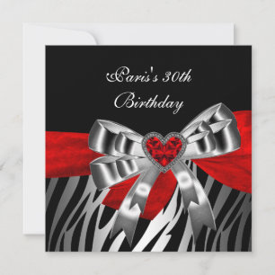 Invitation 30e fête d'anniversaire Silver Red Black Zebra 2