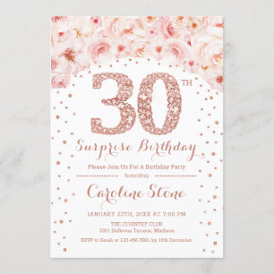 Invitation 30e fête d'anniversaire surprise - Rose blanche or
