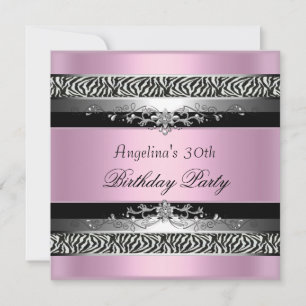 Invitation 30e fête d'anniversaire Zebra Black Argent rose